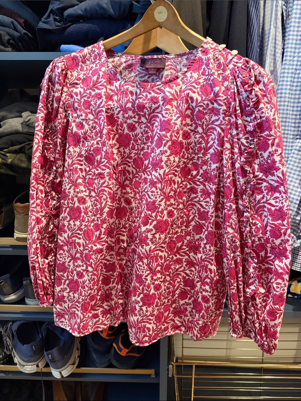 J. Crew White and Pink Floral Puff-Sleeve Blouse